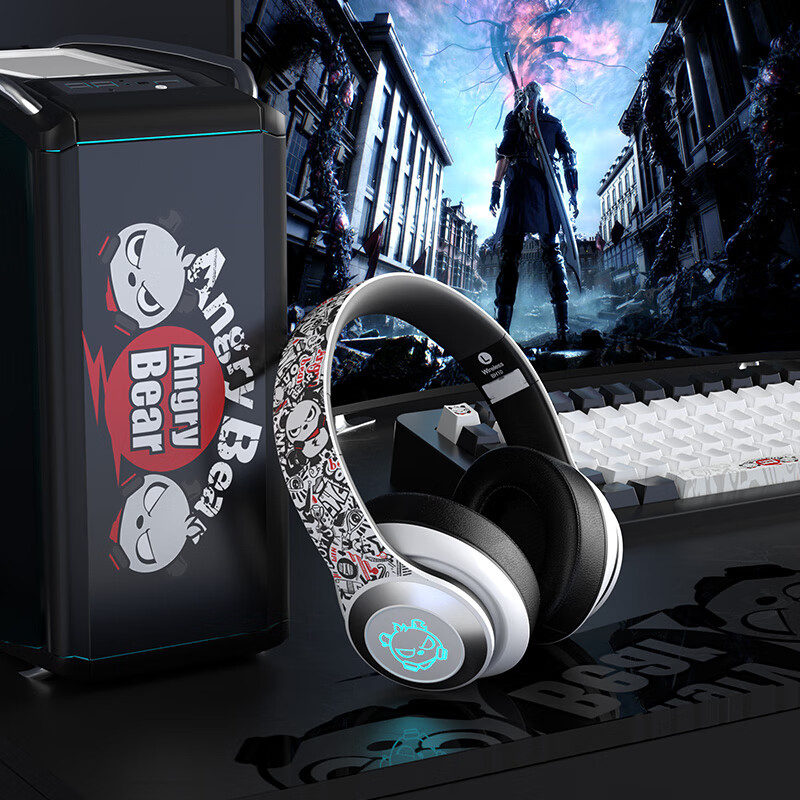 奇联 (BH10) 蓝牙头戴式耳机 无线重低音降噪隔音吃鸡游戏耳麦苹果华为安卓手机电脑通用男女生 涂鸦熊-白色|质保一年|内置麦克风|