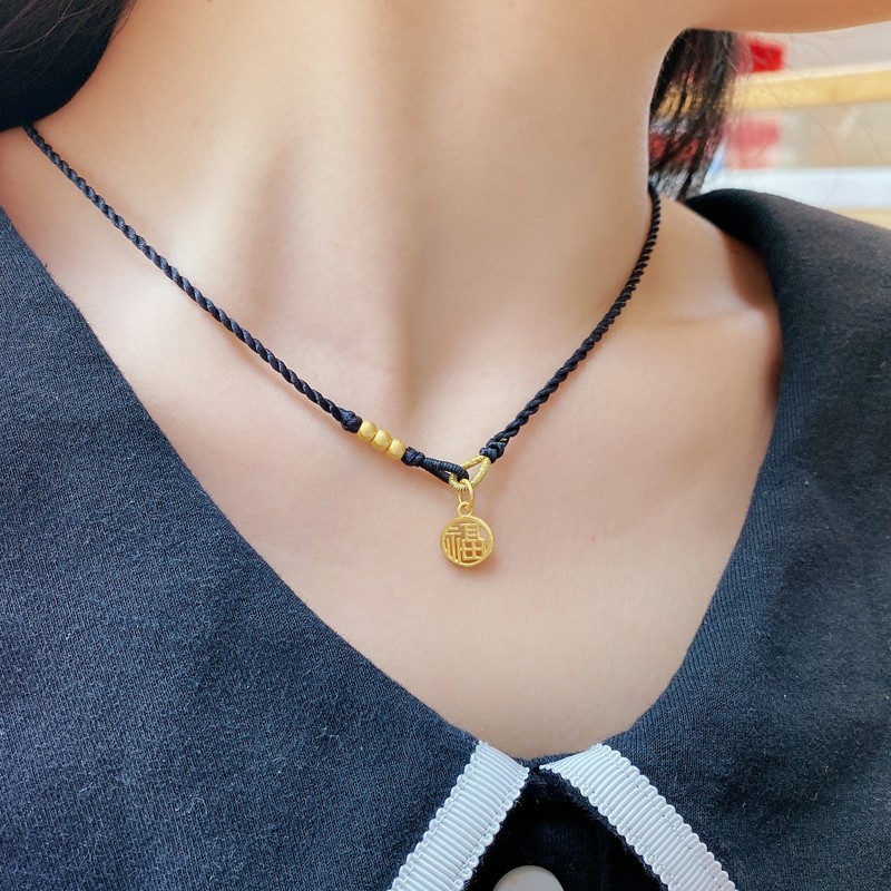 ckoc黄金小福牌吊坠女款999足金福字小金珠手工编织黑绳项链可调节送