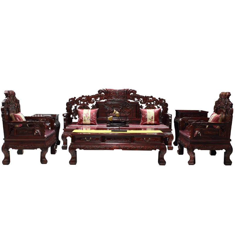 木中央 红木家具 印尼黑酸枝 学名:阔叶黄檀沙发茶几组合 全实木沙发客厅中式雕花飞天如意7\/11件 单人+双人+三人+大茶几+2角几+炕几