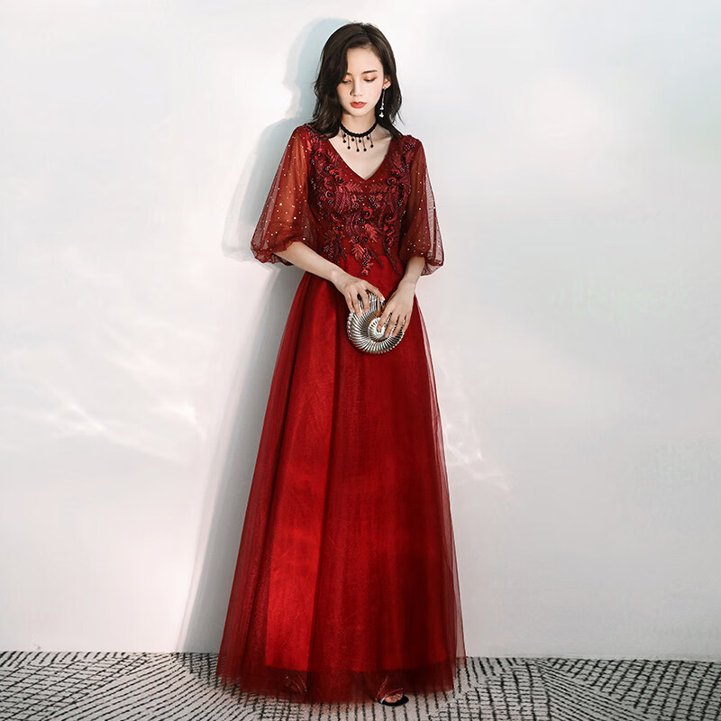德朔結婚禮服女敬酒服冬天孕婦敬酒服新娘酒紅色長袖結婚晚禮服大碼大 312酒紅色常規(guī)款 XS