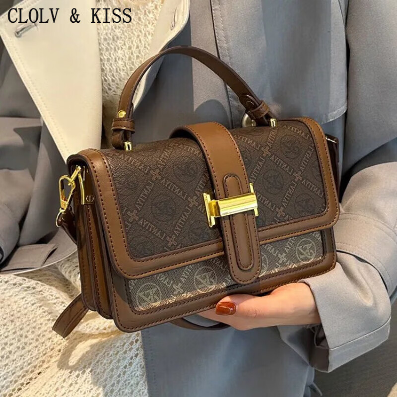 clolv kiss质感小包包女2024新款法式复古印花单肩包外出手提斜挎小方包 棕色