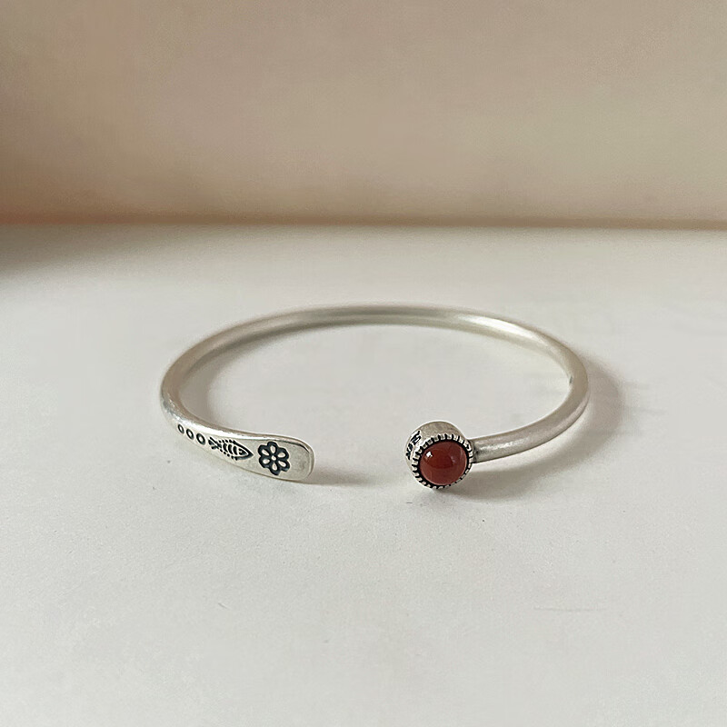 雅隐复古小鱼清迈手工原创s990足银手镯南红玛瑙本命年镯子 小鱼足银