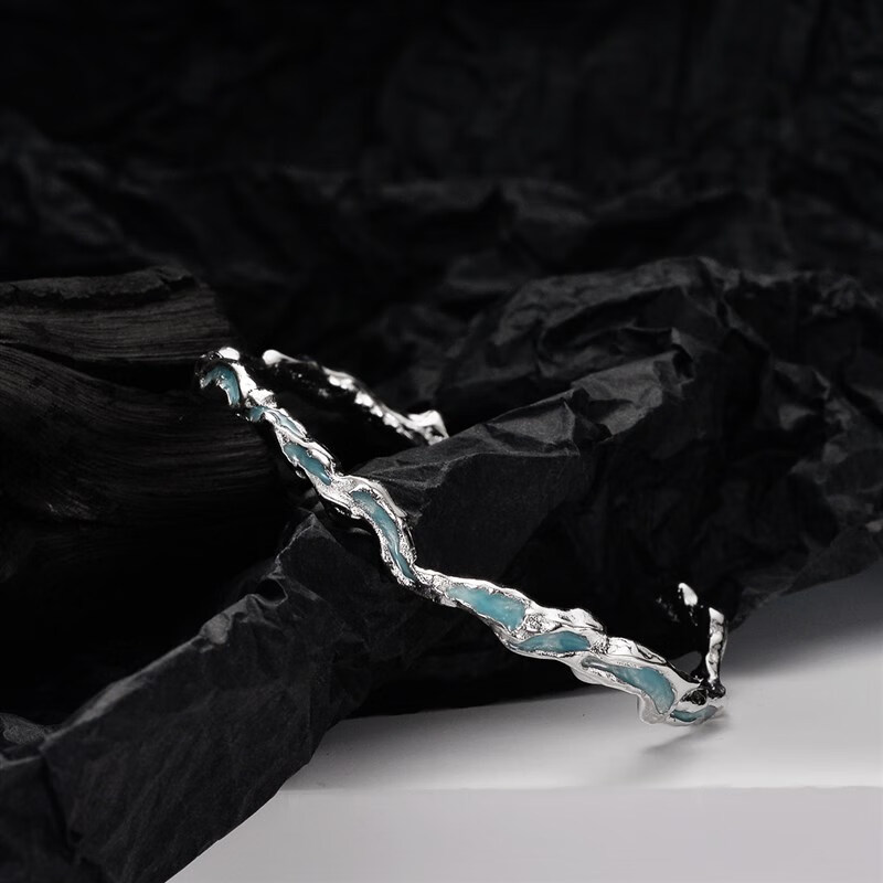 莲雨恋星薄荷蓝冷淡风肌理感s925银手镯冰湖系列滴胶手饰女小众个性