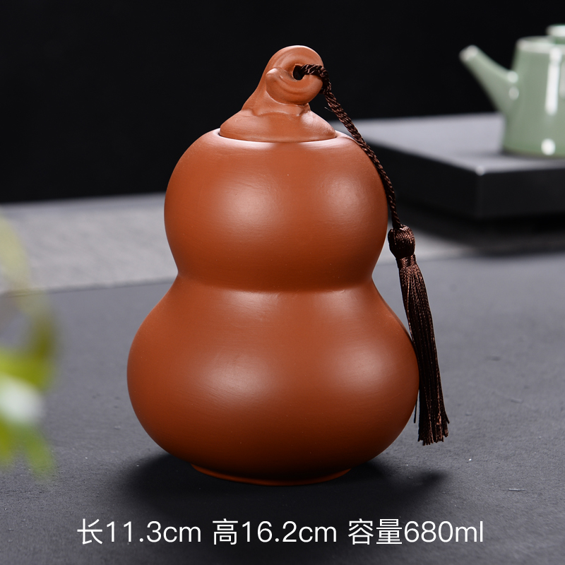 紫砂茶叶罐大号半斤装陶瓷罐带盖家用防潮存茶罐大容 一体红紫砂葫芦