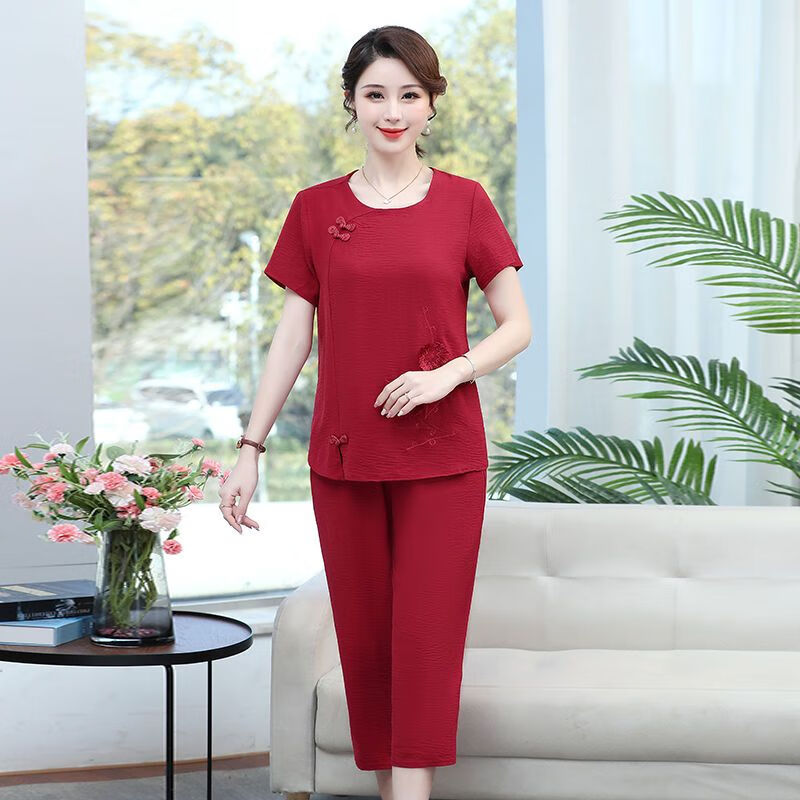 奔瑜40至50岁女人穿的夏季款衣服中年妈妈气质女装中老年夏季短袖套装