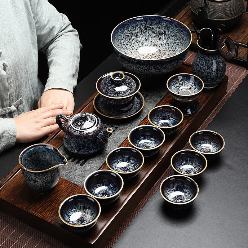 正扬建盏茶具套装家用整套窑变油滴天目铁胎茶壶茶盏杯功夫陶瓷景德镇 15头(璀璨星空)_侧把(竹节壶)