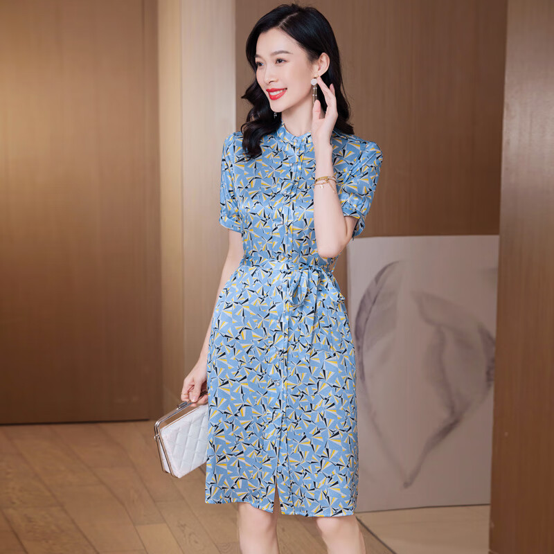 清雅若兰时尚气质真丝连衣裙女夏季优雅舒适修身系带收腰显瘦桑蚕丝中