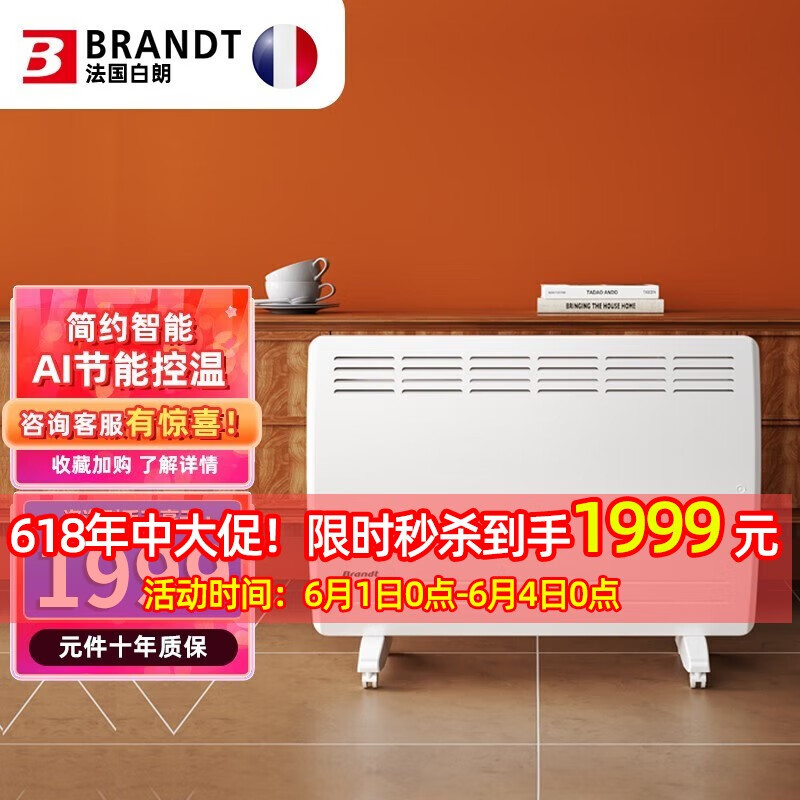 白朗（Brandt）石墨烯取暖器家用节能省电红外对流速热取暖器实时恒温静音无噪取暖炉 石墨烯2200W速热|智能变频恒温|N22W