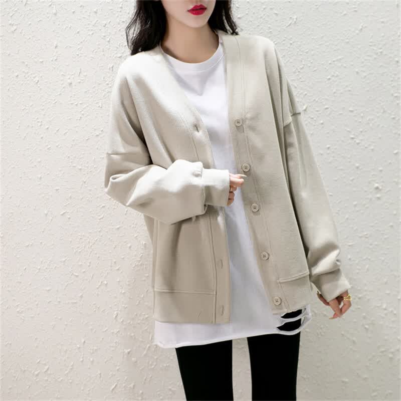 塔驰密司 touch miss休闲百搭宽松v领中长款开衫珠地棉外套叠穿上衣