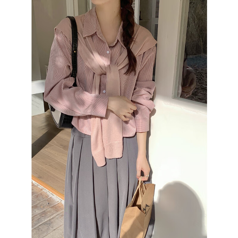 莲蓝色披肩条纹衬衫外套女秋季春秋法式别致外搭衬衣长袖上衣两 粉色