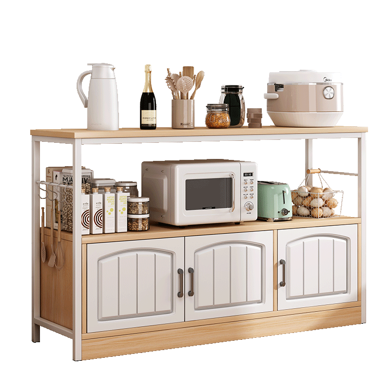 UCU 厨房置物架落地简约多层微波炉烤箱多功能储物货架三层收纳架子 【3门款】橡木色+白架120*32*78cm