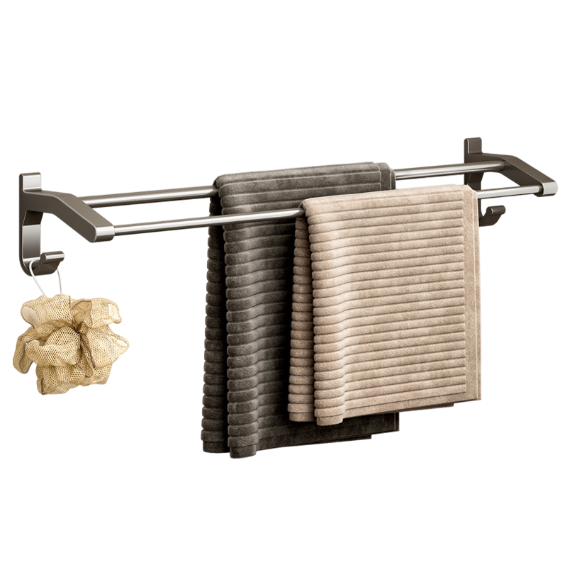 免打孔卫生间浴室置物架太空铝毛巾架毛巾杆挂杆厕所收纳架壁挂轻奢家居用品 银色双杆长40cm