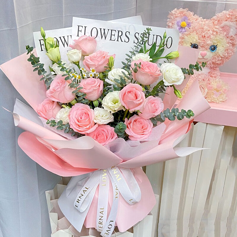 鲜花·同城配送·定制花束·送女友送闺蜜送爱人 粉玫瑰混搭洋桔梗a