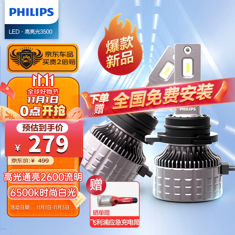 飞利浦（PHILIPS）U3500R 汽车LED大灯 HIR2灯泡 LED车灯 6500K高亮白光 双支装属于什么档次？