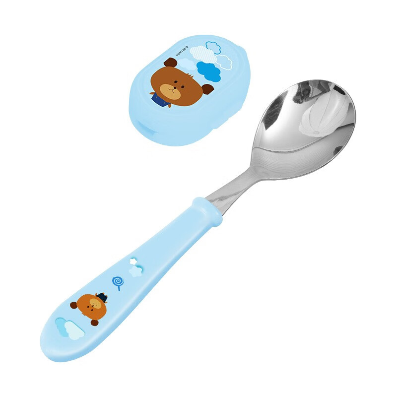 联扣小学生勺子儿童吃饭餐具316不锈钢勺子卡通调羹便携可爱儿童汤勺 【316】树脂柄勺(蓝熊)+勺盖