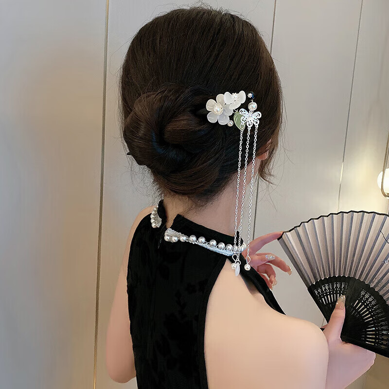 谭木匠珍珠花朵流苏钗子汉服头饰教师节老师礼物 古风檀木珍珠流苏