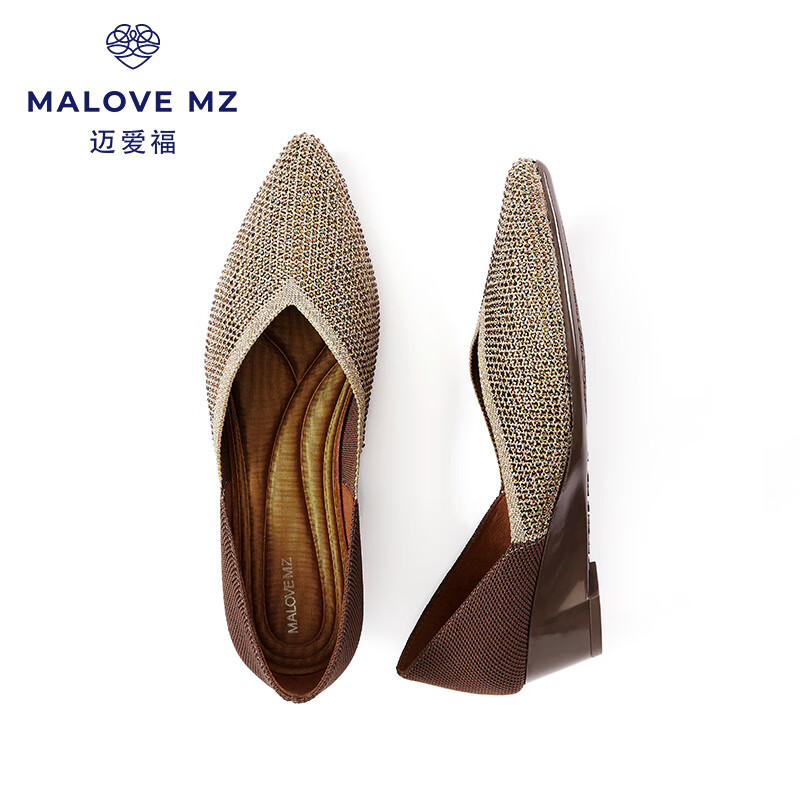 MALOVE MZ王妃鞋新款3.7cm尖头水晶低跟单鞋女职业通勤百搭平底鞋新款单鞋 金色魅力(脚宽建议拍大一码) 37
