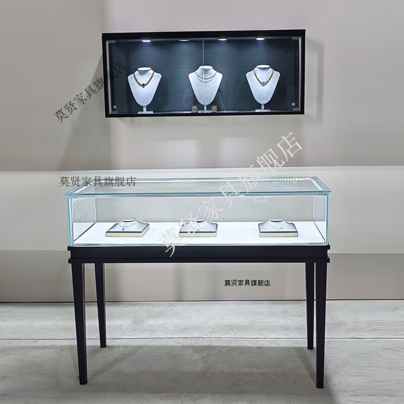 莫賢飾品展示柜首飾手機(jī)柜臺珠寶首飾柜店鋪帶鎖鋼化玻璃柜子帶燈飾品 黑色 100*50*95 黑色  100*50*9