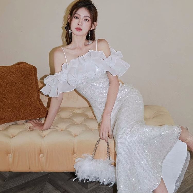 知特(zhite)仙气飘飘的裙子仙女裙新款礼服闪亮新款片一字连衣裙2024