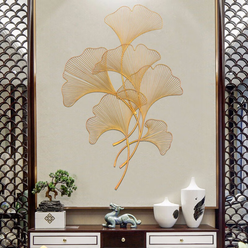 忆往昔新中式客厅玄关装饰餐厅过道铁艺挂件书房墙面金属银杏叶背景墙