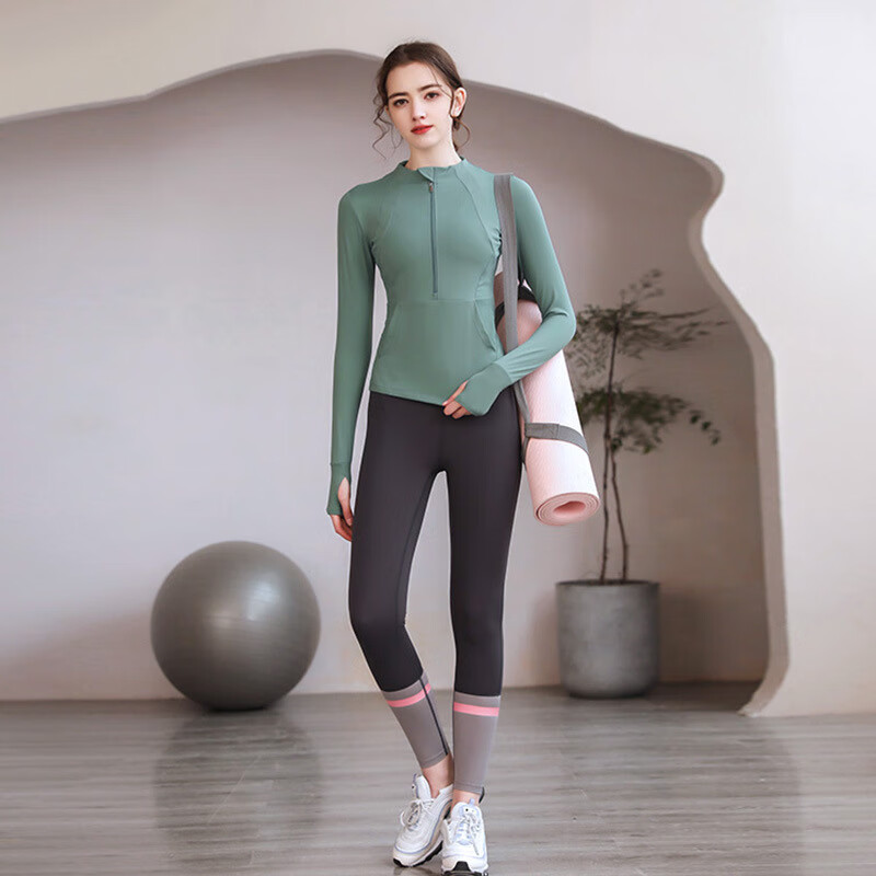 必在IuℕIu 新品  秋冬季新款显瘦瑜伽服套装女户外跑步健身衣运动夹克外套长袖 海洋绿+铁灰色 S