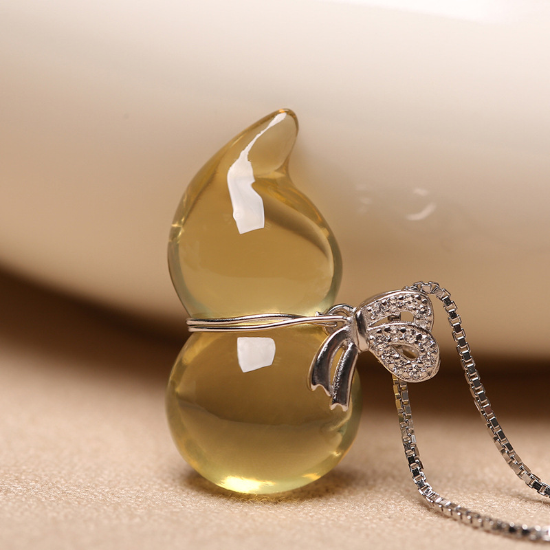 黄水晶葫芦女吊坠 925银项链 吉祥如意饰品 女礼物 黄葫芦白金珍珠链