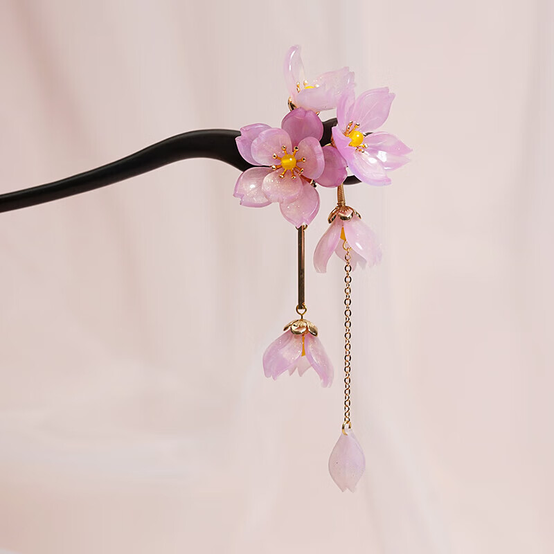 子女古风流苏黑檀木簪汉服头饰手工旗袍日常简约仙气盘发 樱花簇(粉)