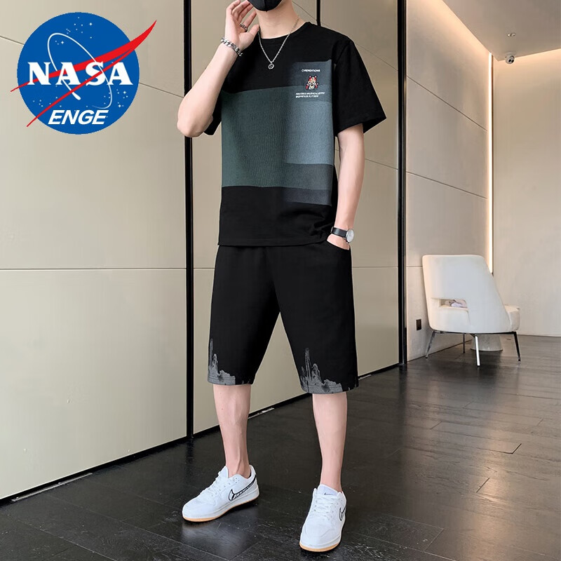 NASA ENGE纯棉短袖t恤男士夏季薄款短裤一套搭配帅气衣服休闲运动冰丝套装 21013+2099黑色 M