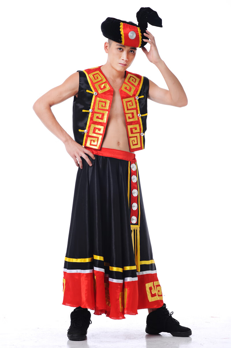 菲洛曼彝族服装男新款民族风舞台演出服苗族裙裤舞蹈服 红色图片一 s