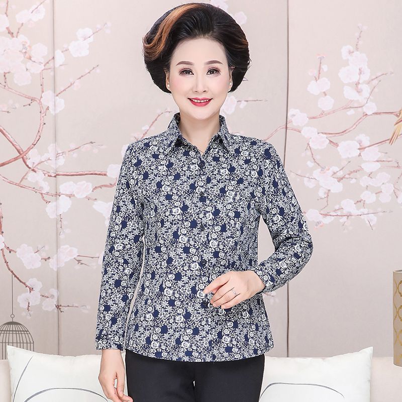 予瑾中年妈妈夏天长袖宽松衬衫40妇女春薄款棉布寸衣50至60多岁花衬衣