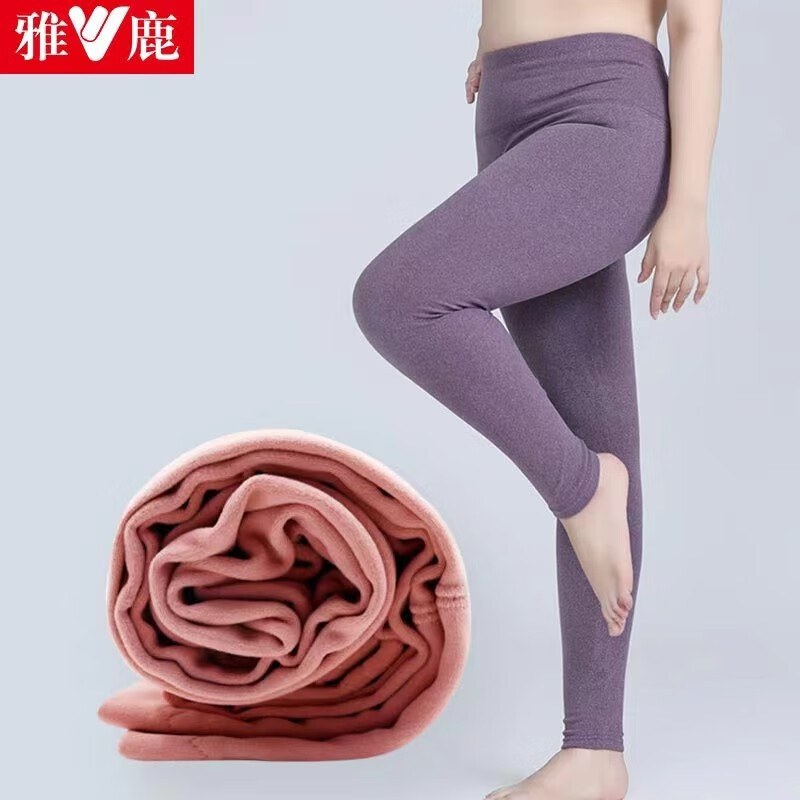 雅鹿女士德绒保暖裤大码高腰加肥加大修身中老年秋裤 黑色 6XL(195-220斤)