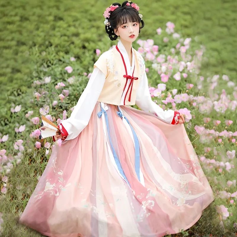 yinfan汉服女改良唐制褙子夏季中国风古装齐腰襦裙白菜全套春 粉色一