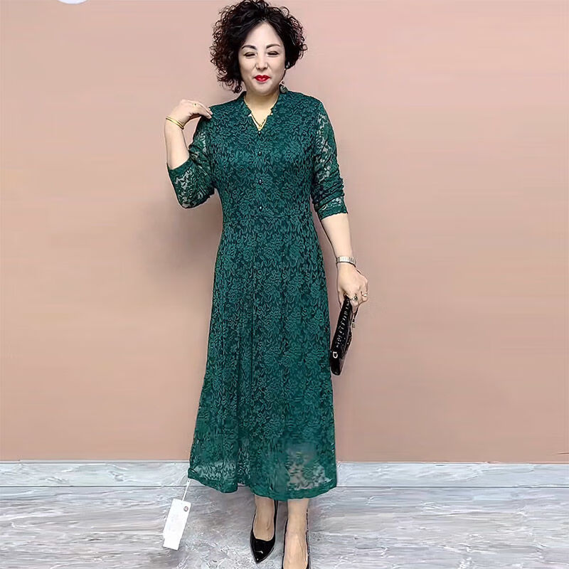 璟浩秋冬天老奶奶裙子加肥加大妈妈连衣裙中年中长款长袖蕾丝网纱弹力