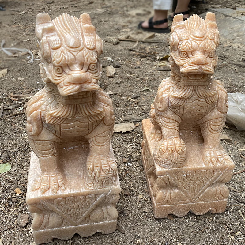 锐姆石雕麒麟一对青石神兽大门口麒麟庭院家用摆件晚霞红麒麟汉白