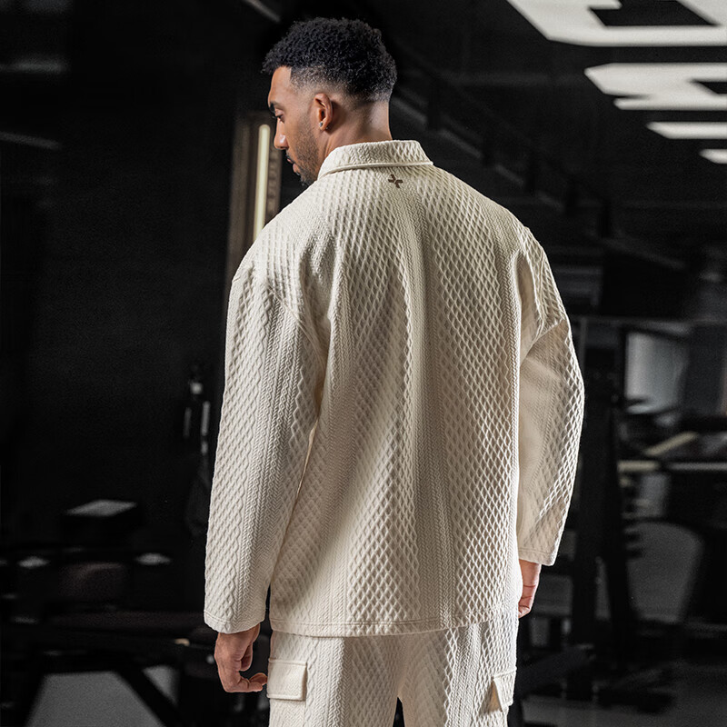 BD.POWER UP+秋季肌理感polo翻领长袖卫衣男健身大码运动简约宽松打底衫上衣 米色 L 75-85kg