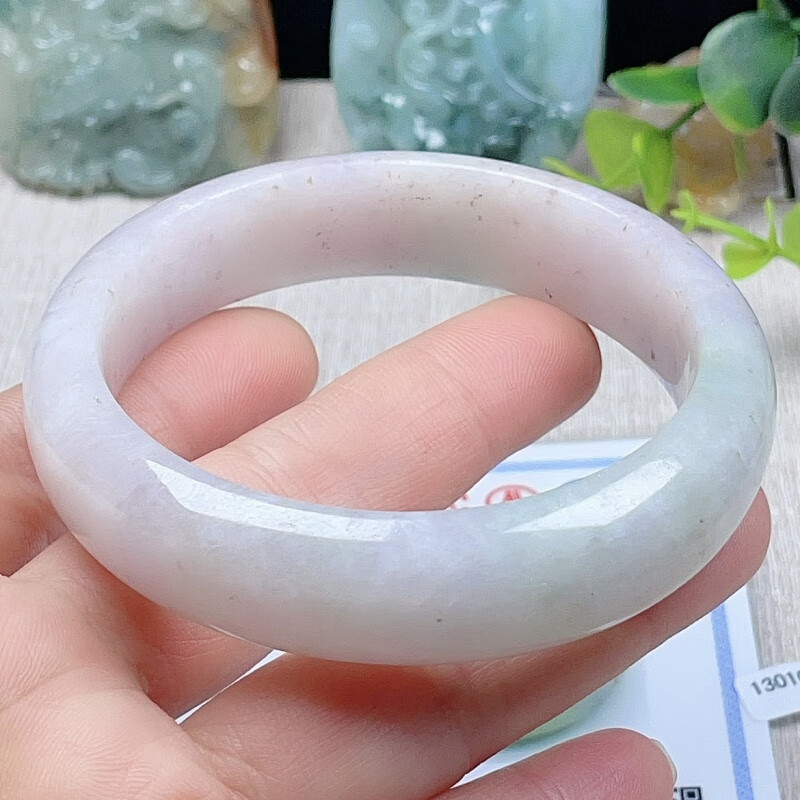 瑾晨缅甸货翡翠淡紫绿手镯58老坑春彩宽边玉镯圆条宽边老人镯