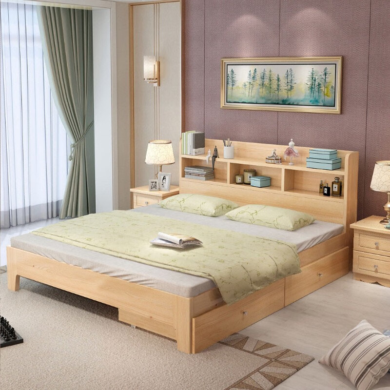 此时此刻 床 实木床 双人床单人床1.2米1.5米1.8米床卧室储物床小孩床北欧床 原木无漆床+2个抽屉 1200*1900