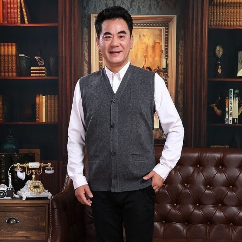 背心开衫马甲爸爸装男毛线针织坎肩毛衣薄 深灰色 2xl码数135斤-150斤
