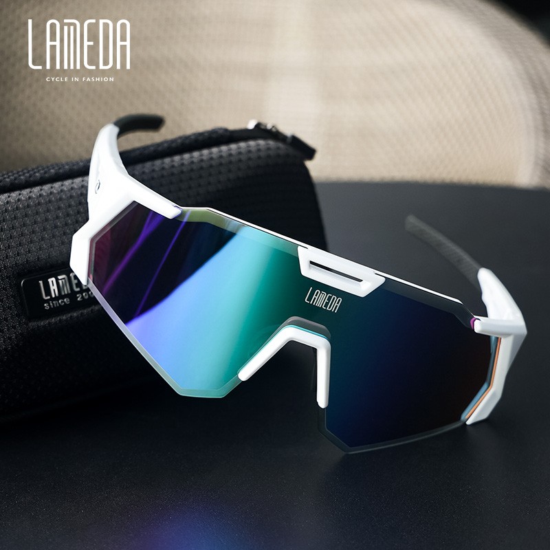 兰帕达lameda 偏光防风骑行眼镜男女公路车山地车自行车运动跑步护目镜 炫彩偏光-白框【REVO-蓝绿】