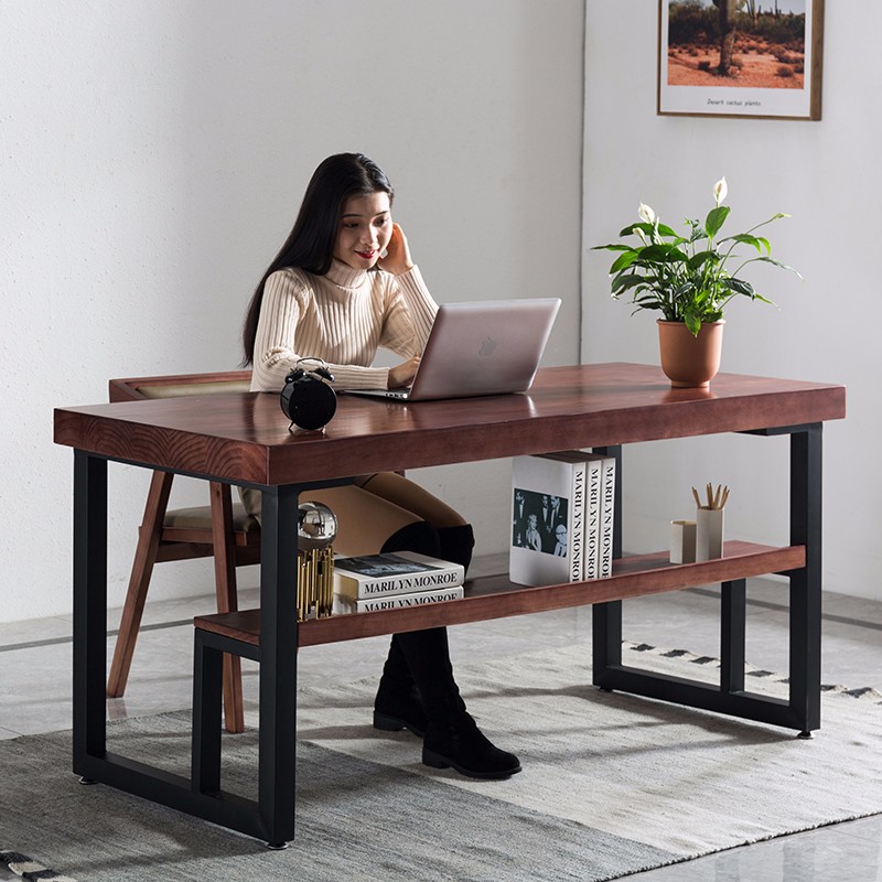 实木电脑桌书桌家用简易办公桌椅组合长条桌桌子现代简约带书架 120*60*75实木板厚5CM
