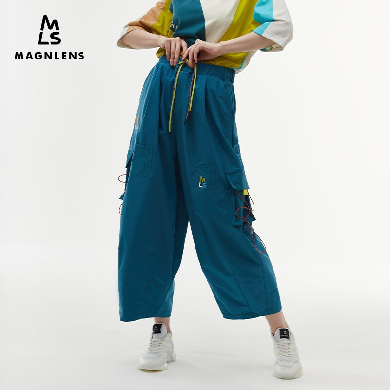 magnlens秋冬新款蓝色工装长裤女时尚百搭宽松设计感休闲裤 珊瑚蓝