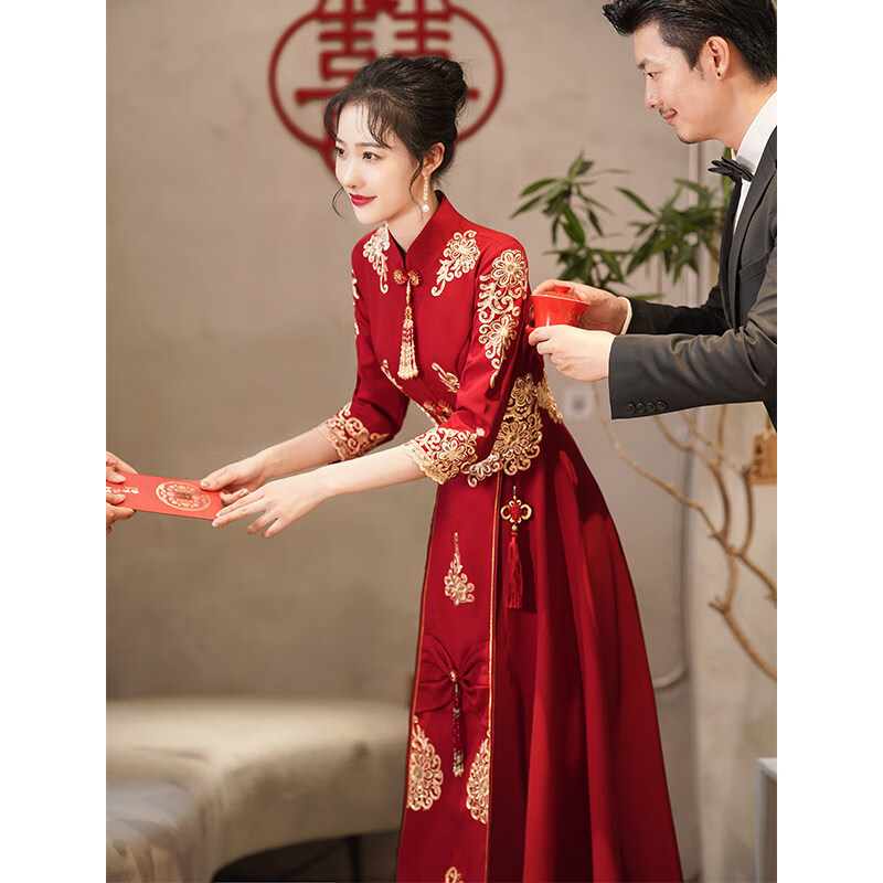 丽佰昕敬酒服新娘中式新款夏季结婚秀禾服红色礼服女秋季长袖遮手臂 酒红色 L属于什么档次？