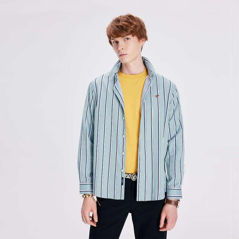 伦德保罗londa秋季纯棉长袖衬衫 商务休闲竖条纹长袖男士衬衫 绿条 46