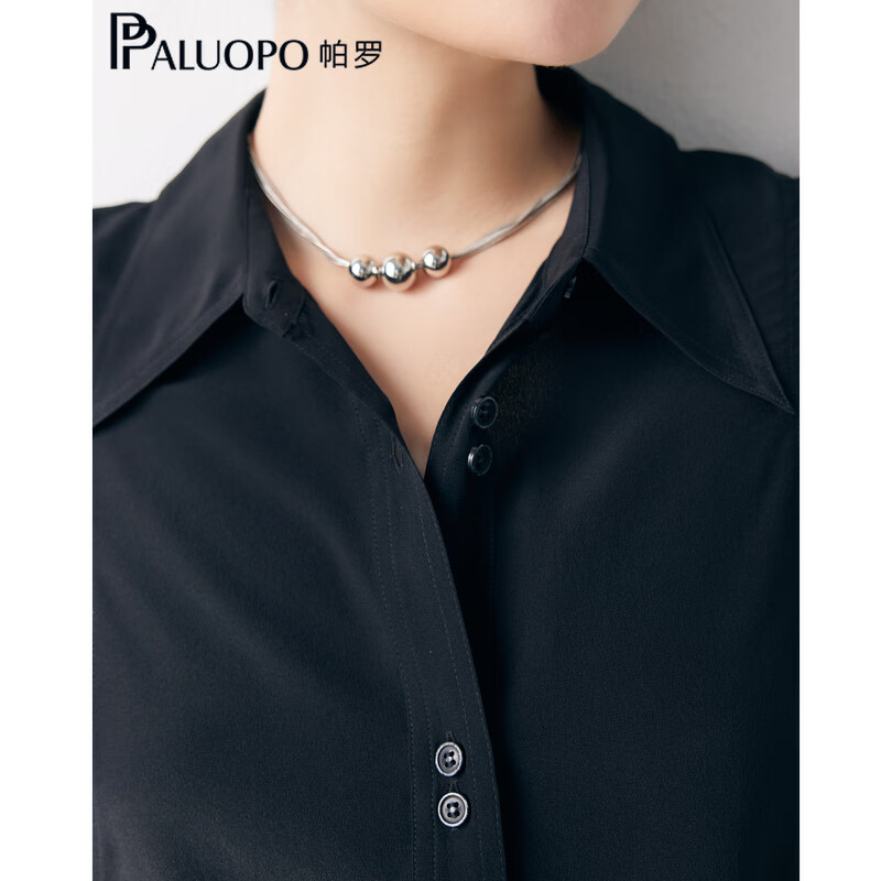 帕罗（PALUOPO）【慵懒气质】夏季季真丝衬衫领质感纯色泡泡袖桑蚕丝女士上装衬衣 黑 M (160/84A)