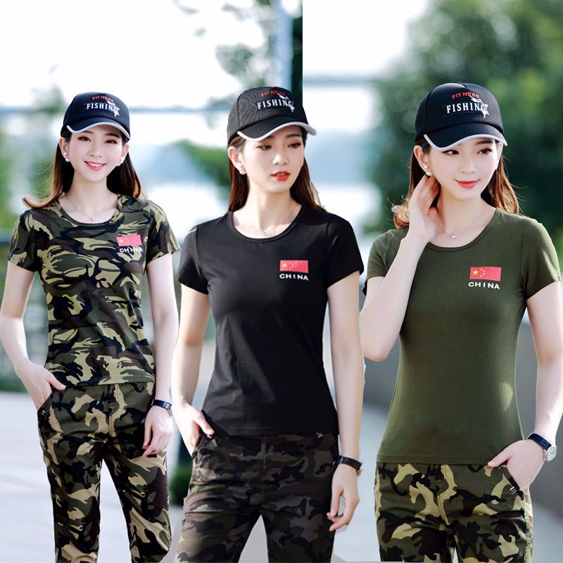 萬艦迷彩服女套裝短袖女士春秋夏季新款套裝戶外休閑大碼夏裝水兵舞蹈 迷彩黃短袖t恤 S：80-90斤