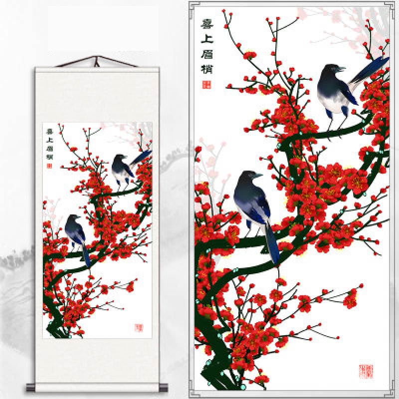 京佐（JINGZUO）客廳裝飾畫玄關(guān)掛畫紅梅喜鵲圖喜上眉梢印刷國畫梅花花鳥畫 A 45*100  卷軸畫 (默認)發(fā)米白底色