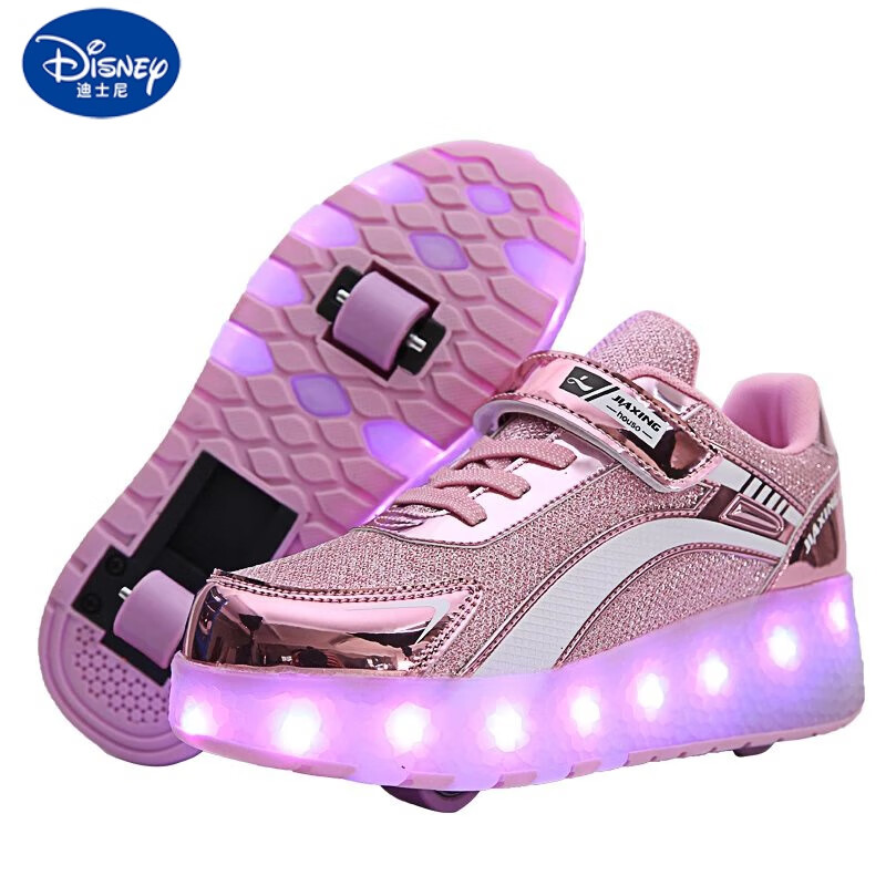迪士尼新款儿童发光暴走鞋双轮男童轮滑鞋女童充电轮子鞋学生白 A916粉色双轮充电(网面款) 38