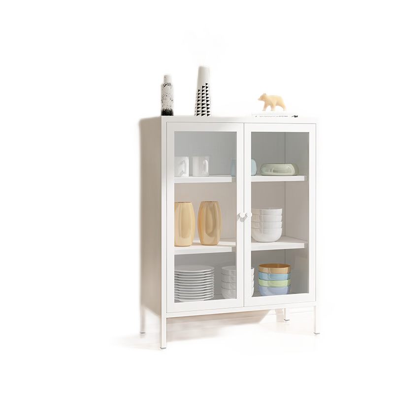 曼海晶 书柜铁艺书架落地家用学生客厅卧室简易轻奢带玻璃门防尘多层收纳储物柜现代简约矮柜置物展示柜 白色矮柜