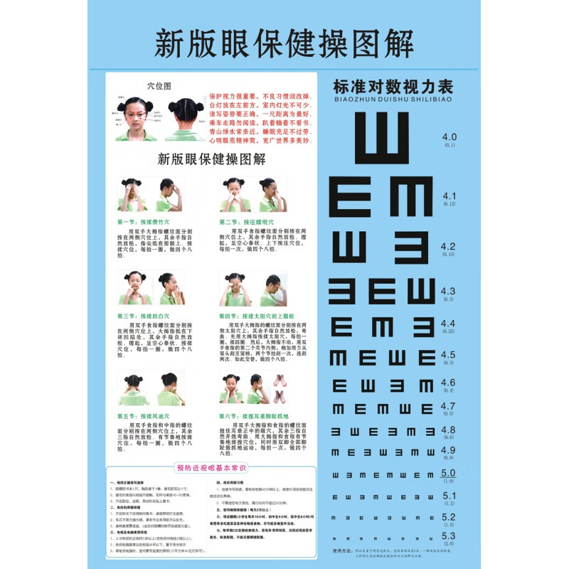 旺月岚山标准对数视力表儿童测试挂图小学生正确坐姿眼睛操图远视表图