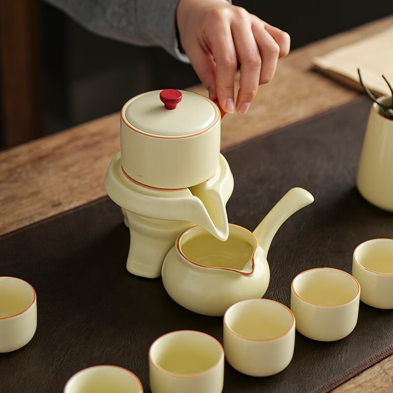 曲和(QUHE)汝窑茶具套装家用石磨泡茶壶陶瓷功夫茶杯懒人半自动冲茶神器全套 米黄汝窑妙茗自动茶具9件套(安全